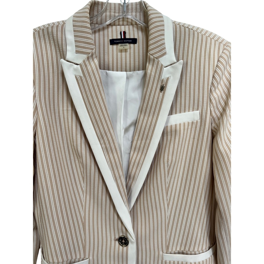 Tommy Hilfiger Womens Tan White Striped Blazer Elbow Patches Size 8 - Picture 5 of 9